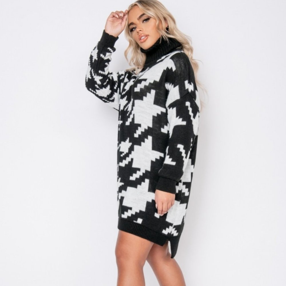 Black Knitted Houndstooth Long Sleeve Turtleneck Oversized Mini Sweater Dress - Picture 5 of 9